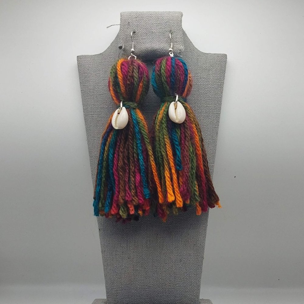 Multicolored Cowrie Shell Yarn Earrings